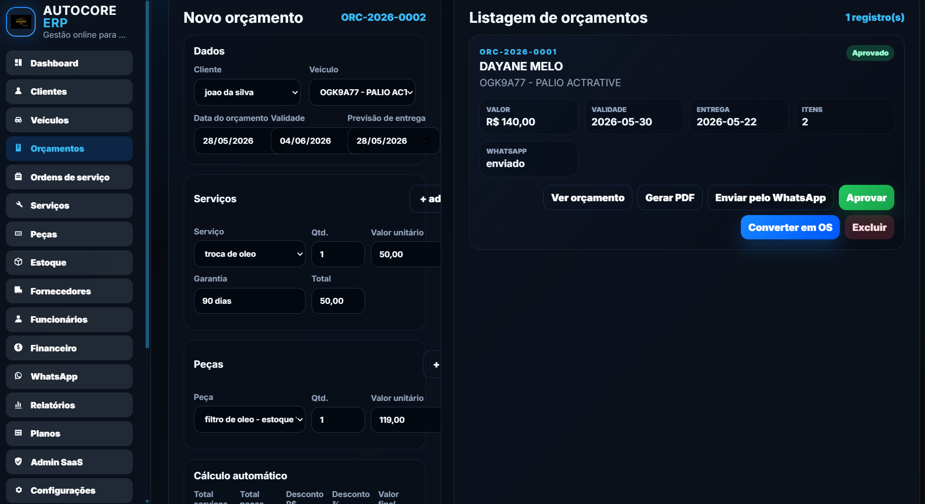 Tela de funcionários do AutoCore ERP