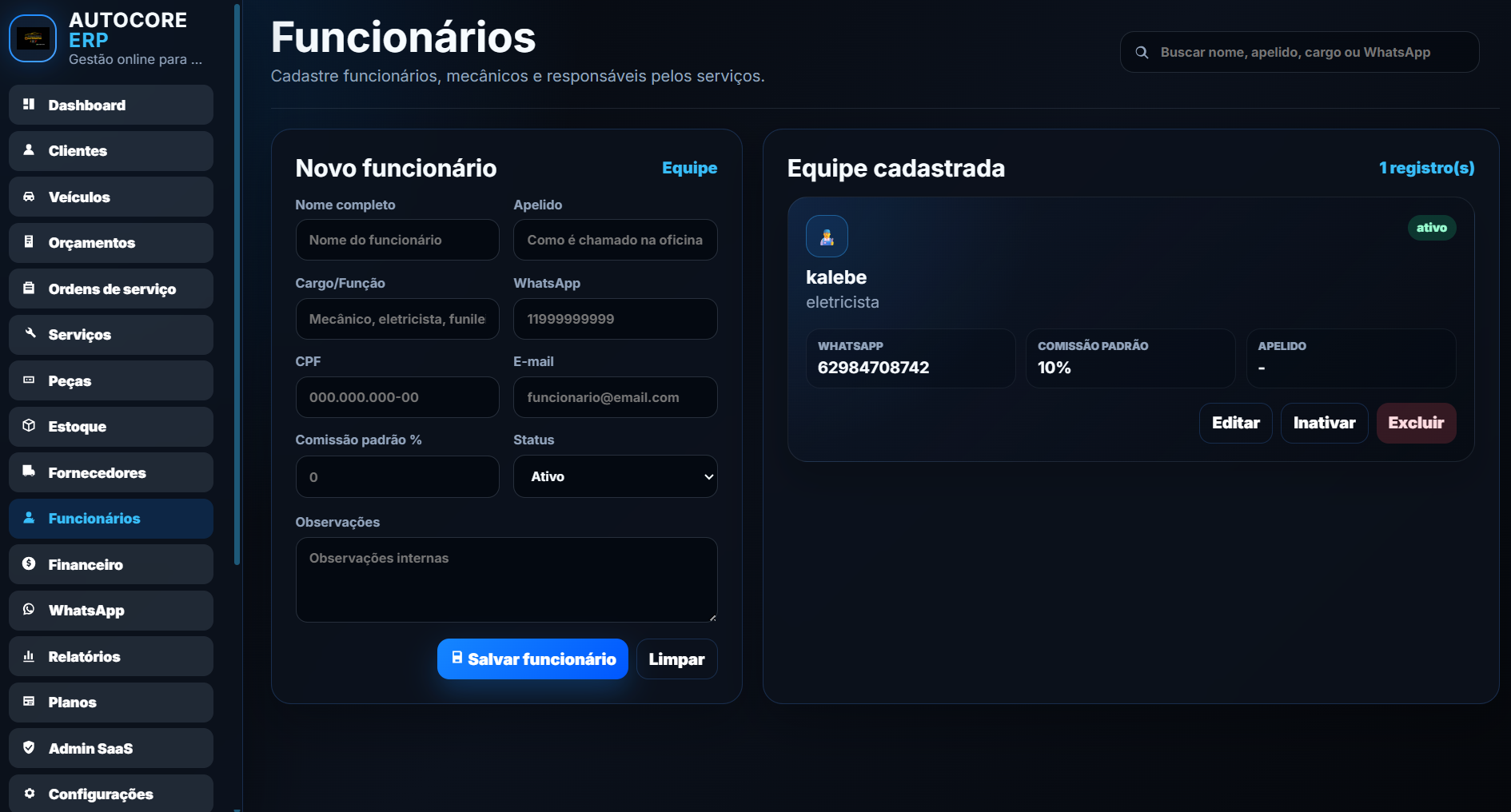 Tela de orçamentos do AutoCore ERP